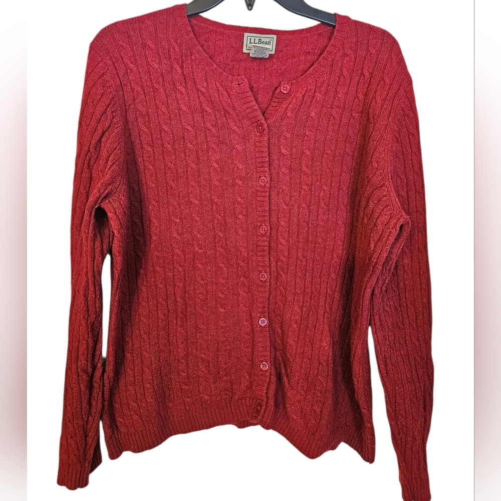 L.L. Bean Women's Vtg Red Cable Knit Button Up Cardigan Lambs Wool Blend Sz XL